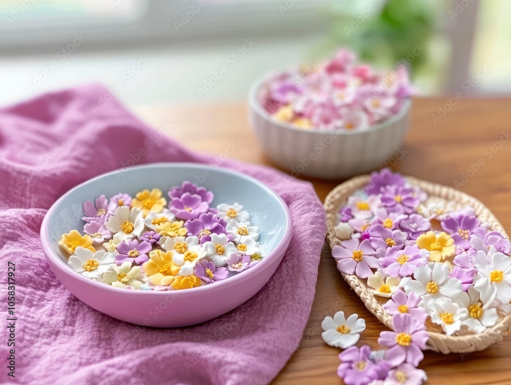 A collection of colorful edible flowers arranged in bowls and on a woven tray. A collection of colorful edible flowers arranged in bowls and on a woven tray.