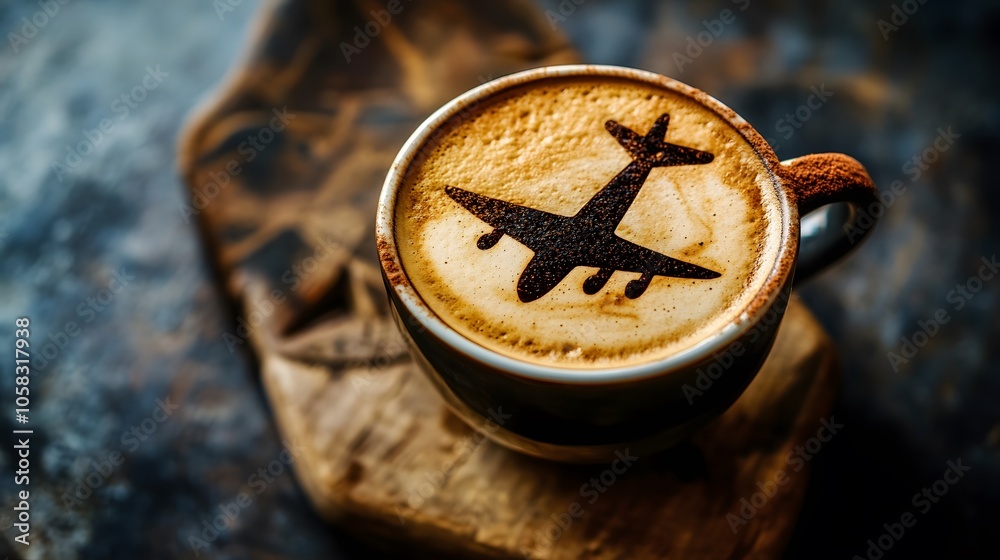 Airplane made of cinnamon in coffee. Cup of Cuppuccino. Travel concept. Airplane made of cinnamon in coffee. Cup of Cuppuccino. Travel concept.