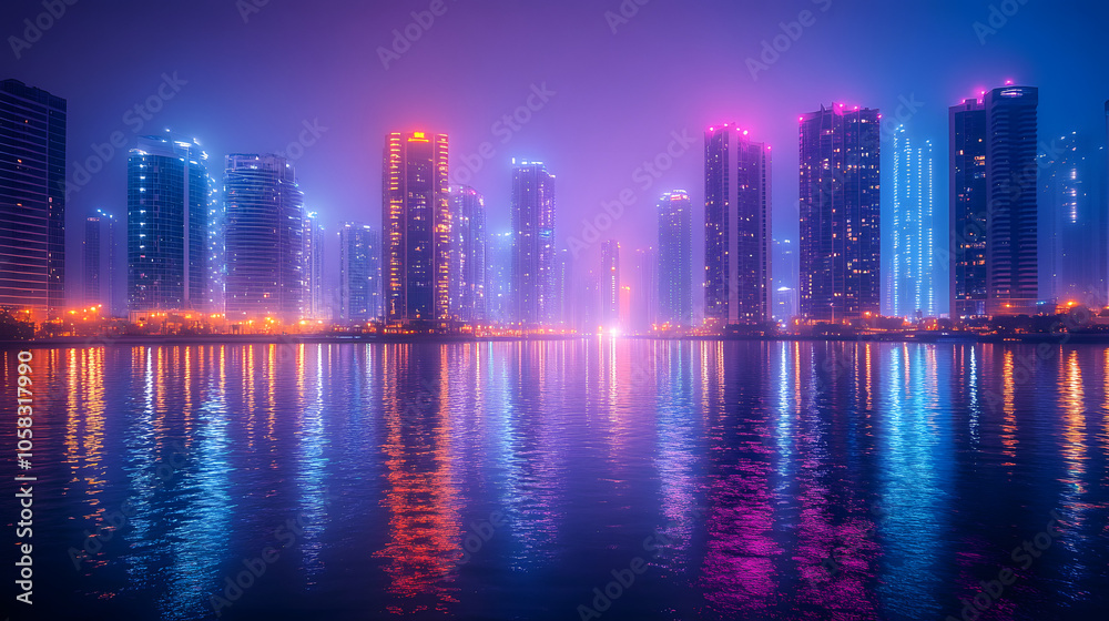 Vibrant City Skyline at Night with Illuminated Skyscrapers and Reflections on Water
