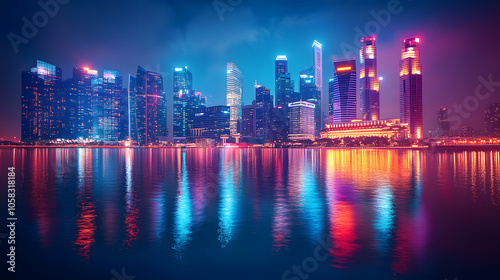 Vibrant City Skyline at Night with Illuminated Skyscrapers and Reflections on Water 