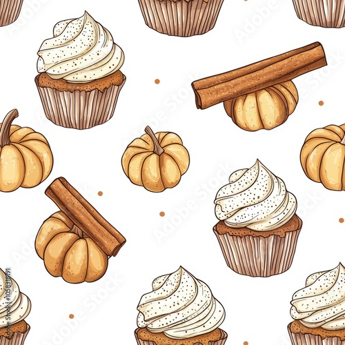 seamless pattern of pumpkin spice cupcakes and cinnamon sticks