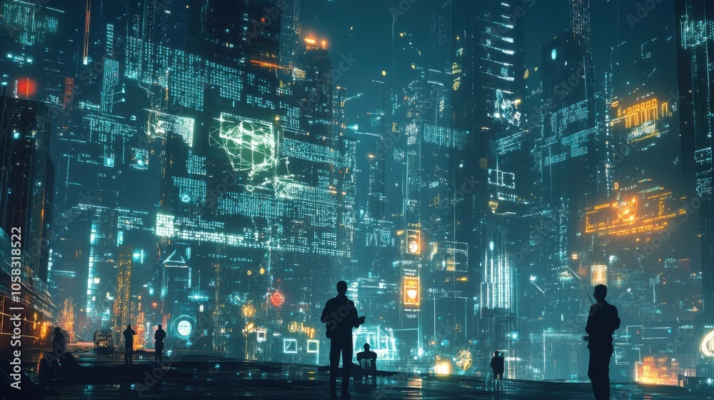 A futuristic cityscape where giant mathematical formulas A futuristic cityscape where giant mathematical formulas