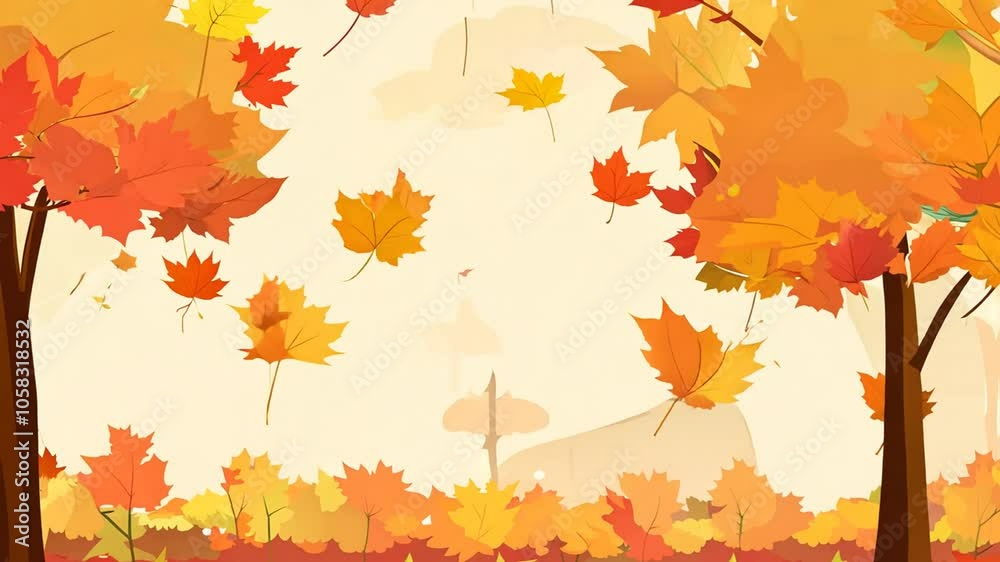 landscape virtual animation falling leaves background illustration overlay looping trees video seamless anime autumn Cartoon 4k fall tree weather leaf nature orange season design yellow foliage maple