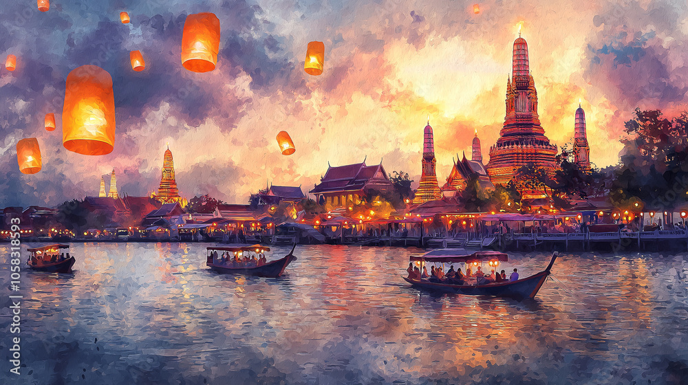 Fototapeta premium Watercolor of Wat Arun Temple on the Chao Phraya River