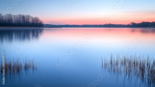 Serene lake at dawn with soft pastel colors reflecting on calm water and silhouettes of trees.