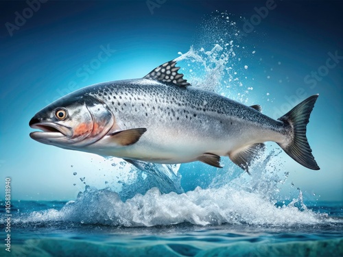 Fresh Whole Salmon Fish with Splashes of Water on Light Blue Background - Seafood Purity and Culinary Visuals