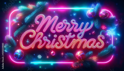 Cheerful neon sign saying Merry Christmas illuminated against a dark background with festive decorations. Generative AI