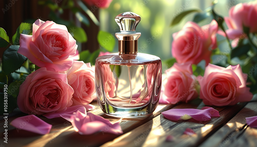A high-detail illustration of a glass perfume bottle with no watermark, positioned elegantly on a wooden table, surrounded by vibrant, blooming roses A high-detail illustration of a glass perfume bottle with no watermark, positioned elegantly on a wooden table, surrounded by vibrant, blooming roses