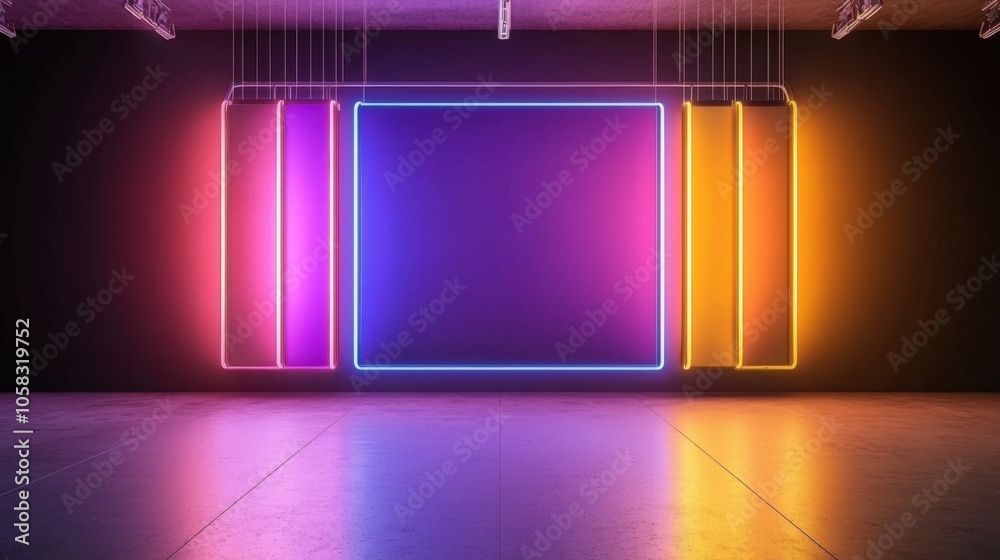 A modern art space featuring glowing neon frames in vibrant colors against a dark background, creating a captivating visual contrast. A modern art space featuring glowing neon frames in vibrant colors against a dark background, creating a captivating visual contrast.