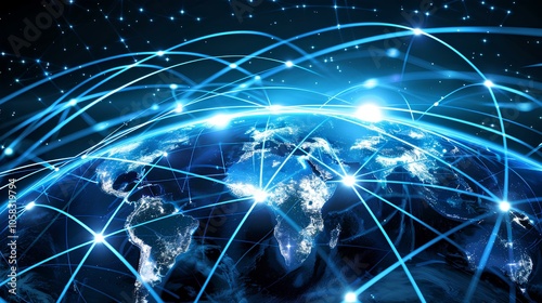 An illuminated globe interconnected by blue lines, symbolizing global communication, networking, and technological advancements.