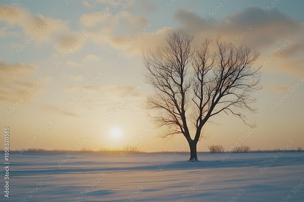 Winter sunset landscape, solitary tree silhouette, snowy field, peaceful sky, nature photography Winter sunset landscape, solitary tree silhouette, snowy field, peaceful sky, nature photography
