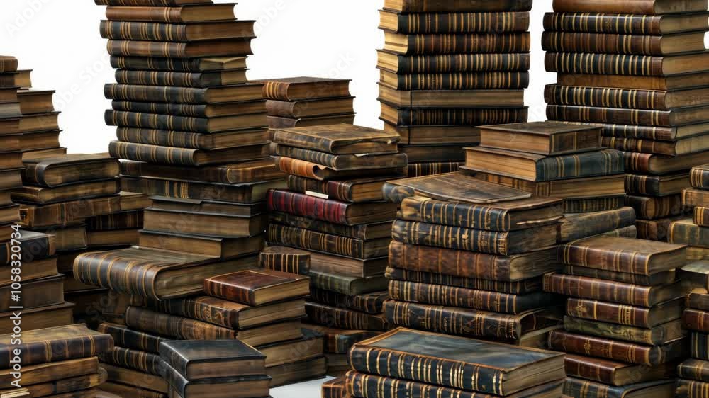 A large collection of leather-bound books stacked high in a library A large collection of leather-bound books stacked high in a library