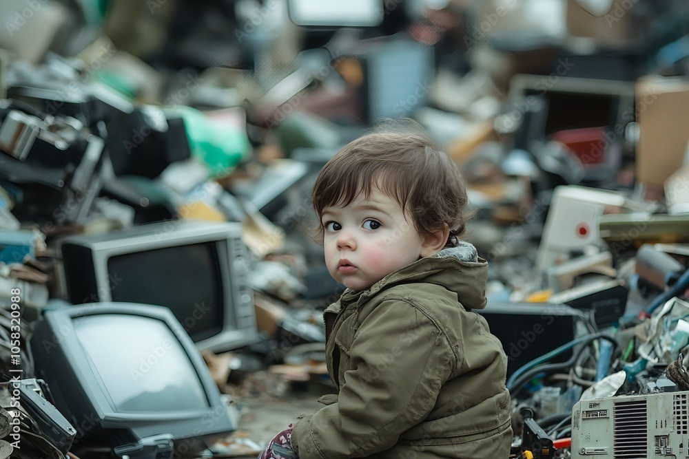 A young child stands amidst a pile of discarded televisions and other electronic waste A young child stands amidst a pile of discarded televisions and other electronic waste