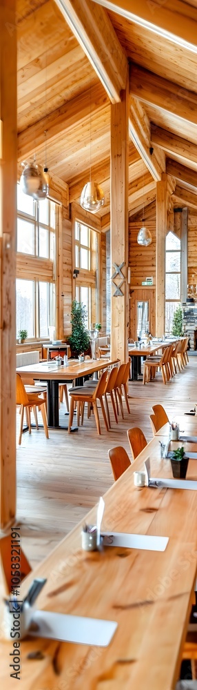 Fototapeta premium Wooden Restaurant Interior with Large Windows.
