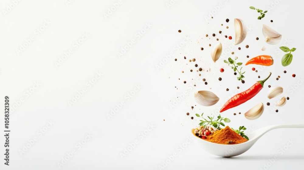 A vibrant spoonful of colorful spices and herbs cascading into the air, highlighting the art of culinary creativity and flavor. A vibrant spoonful of colorful spices and herbs cascading into the air, highlighting the art of culinary creativity and flavor.