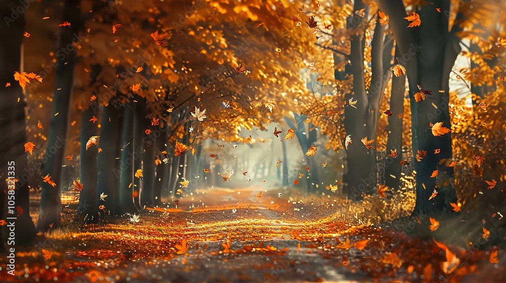 A serene autumn pathway lined with vibrant orange leaves, creating an enchanting atmosphere in a sunlit forest. A serene autumn pathway lined with vibrant orange leaves, creating an enchanting atmosphere in a sunlit forest.