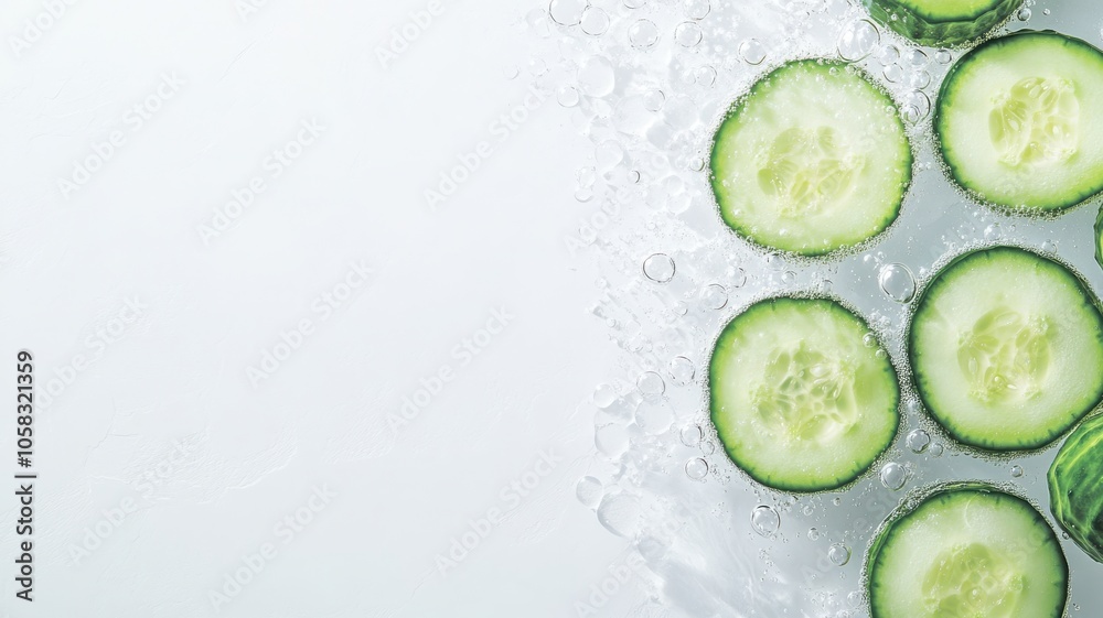 Fresh cucumber slices arranged on ice, creating a refreshing and vibrant food presentation. Fresh cucumber slices arranged on ice, creating a refreshing and vibrant food presentation.