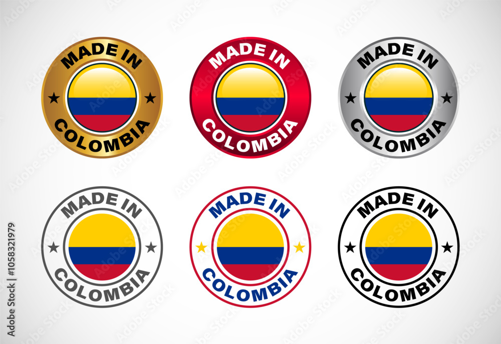 Made in Colombia label icon with flag. Icon set for business, badge, seal, sticker, logo, and symbol