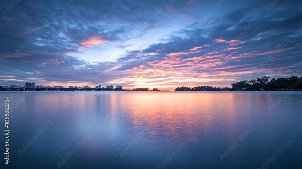 A serene twilight landscape with vibrant clouds reflecting on calm water. A serene twilight landscape with vibrant clouds reflecting on calm water.