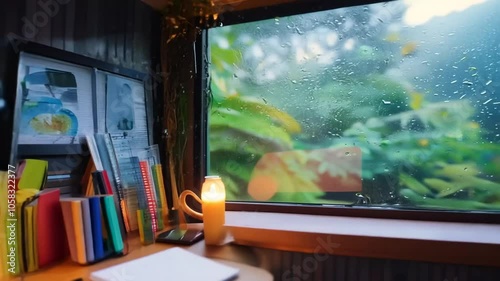 forest Rain desk window interior Cozy lo-fi chill Lofi empty lighs jungle study Colorful Hip-hop vibe atmoshperic Messy view homework reflections relaxed atmospheric modern light table hours cosy dis photo