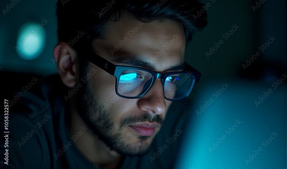 Fototapeta premium A close-up shot of a man wearing glasses, intently working on a computer at night. The scene is softly illuminated by the glow from the computer screen