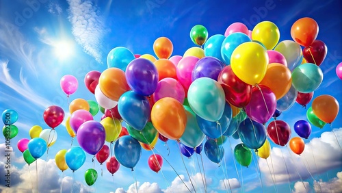 Colorful balloons floating gently in the air, creating a whimsical and carefree atmosphere, pastel, celebratory