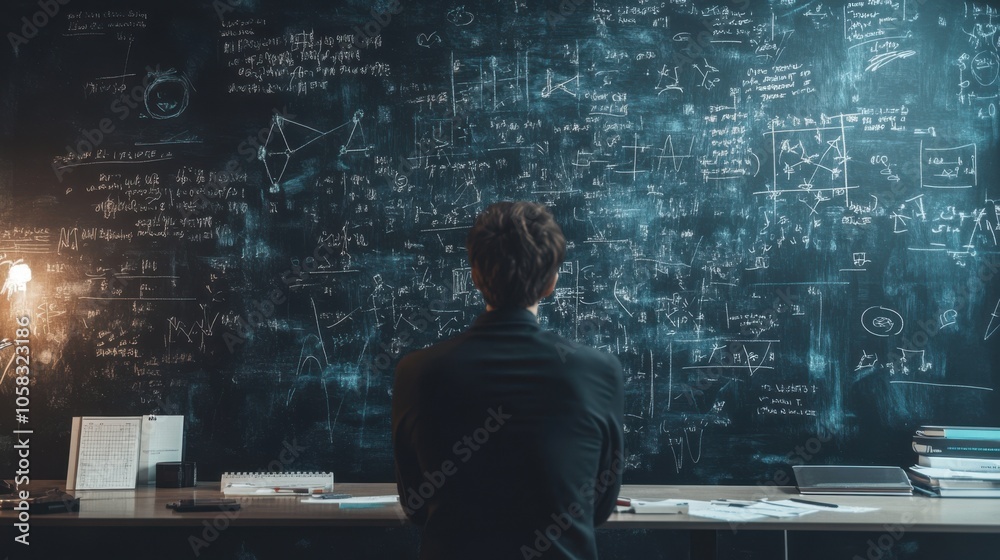 A mathematician using a blackboard to work through A mathematician using a blackboard to work through