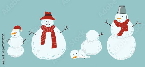 Various snowman characters shapes. Winter outdoor activities for kids or family. Snow sculpture decorating with hat, scarf, brunches as arms and carrot as nose. Hand drawn vector illustration.