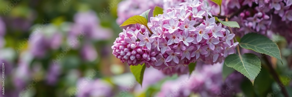 Close-up shot of a branch of vibrant lilac flowers with fresh green leaves in natural lighting, branch, nature, green Close-up shot of a branch of vibrant lilac flowers with fresh green leaves in natural lighting, branch, nature, green