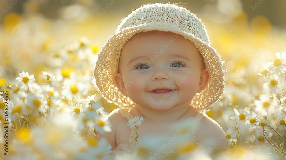 A joyful baby smiling in a field of daisies under soft sunlight. A joyful baby smiling in a field of daisies under soft sunlight.
