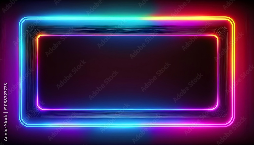 Rectangular neon frame with vibrant colors glowing against a dark background creating a modern artistic display. Generative AI Rectangular neon frame with vibrant colors glowing against a dark background creating a modern artistic display. Generative AI