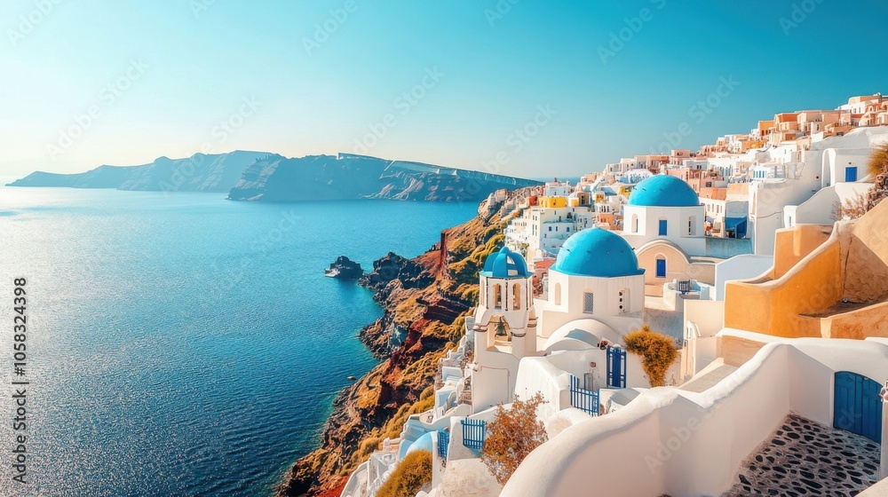 Obraz premium A picturesque view of Santorini, Greece, with its iconic whitewashed