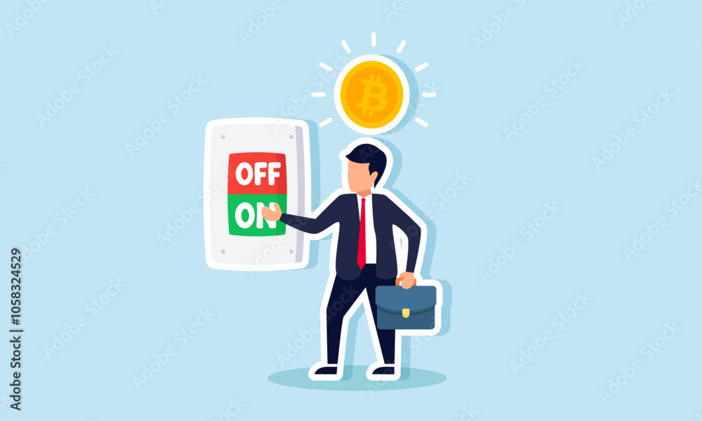 A businessman pressing the ON button to make shiny bitcoins, illustrating success in applying bitcoin investments to achieve good profits A businessman pressing the ON button to make shiny bitcoins, illustrating success in applying bitcoin investments to achieve good profits