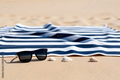 Sunny day essentials: top view of straw hat, shades, beach blanket, palm leaf, shells,
