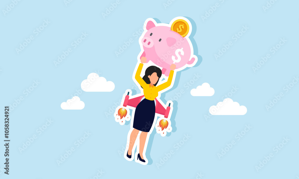 A businesswoman carrying a piggy bank using a rocket to fly into the sky, illustrating the boost in enhancing investment assets to achieve good profits A businesswoman carrying a piggy bank using a rocket to fly into the sky, illustrating the boost in enhancing investment assets to achieve good profits