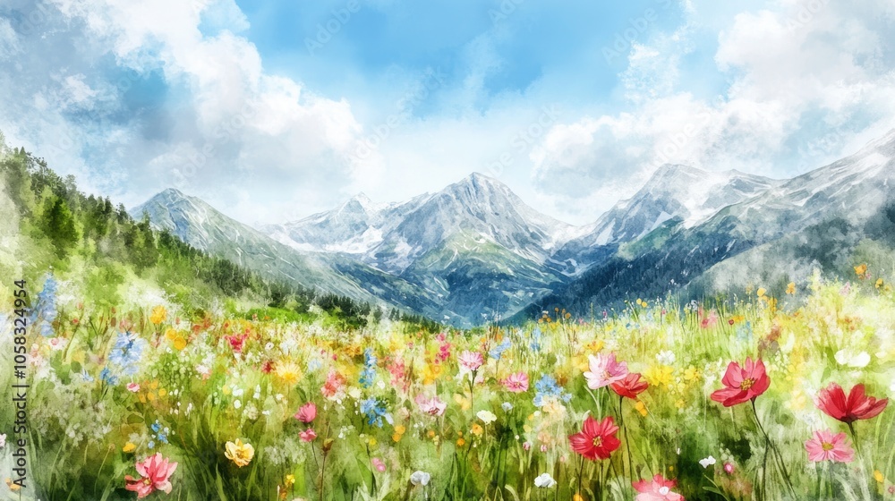 Field of Flowers and Mountains Field of Flowers and Mountains