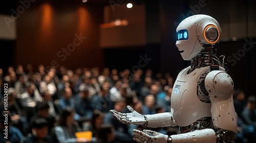 Autonomous systems engineer presenting breakthroughs in autonomous technology at a tech conference, with futuristic robots on display.