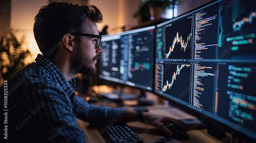 Blockchain engineer working with distributed networks, visualizing data flows and transaction validation on multiple monitors Blockchain engineer working with distributed networks, visualizing data flows and transaction validation on multiple monitors
