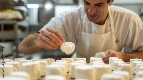 A cheesemaker carefully testing the firmness of goat cheese curds during production.