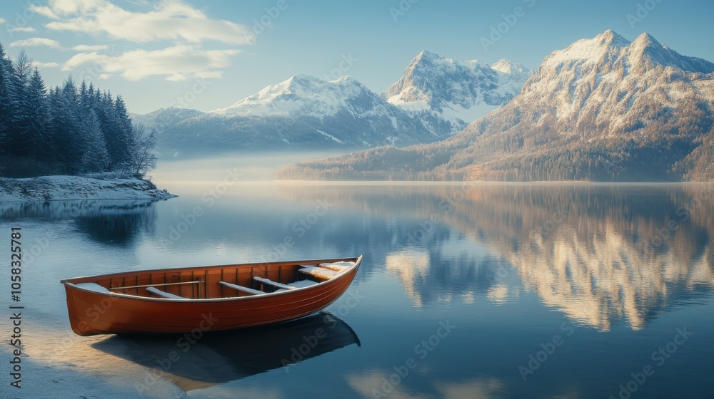 A rescue boat drifting in the middle of a glassy lake, the surrounding A rescue boat drifting in the middle of a glassy lake, the surrounding