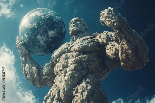 Huge stone giant titan holding a planet on its shoulder on a blue sky background. photo