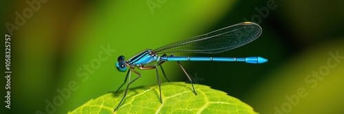 Blue tailed damselfly perched delicately on a vibrant green leaf, nature, wings
