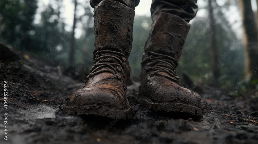 Boots covered in layers of mud, set against a forest background, Boots covered in layers of mud, set against a forest background,