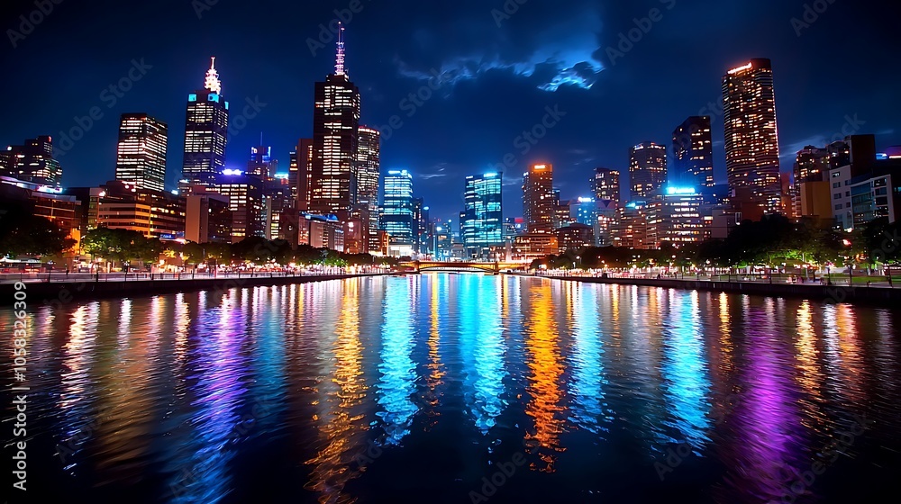 Fototapeta premium Breathtaking City Skyline at Night with Reflections
