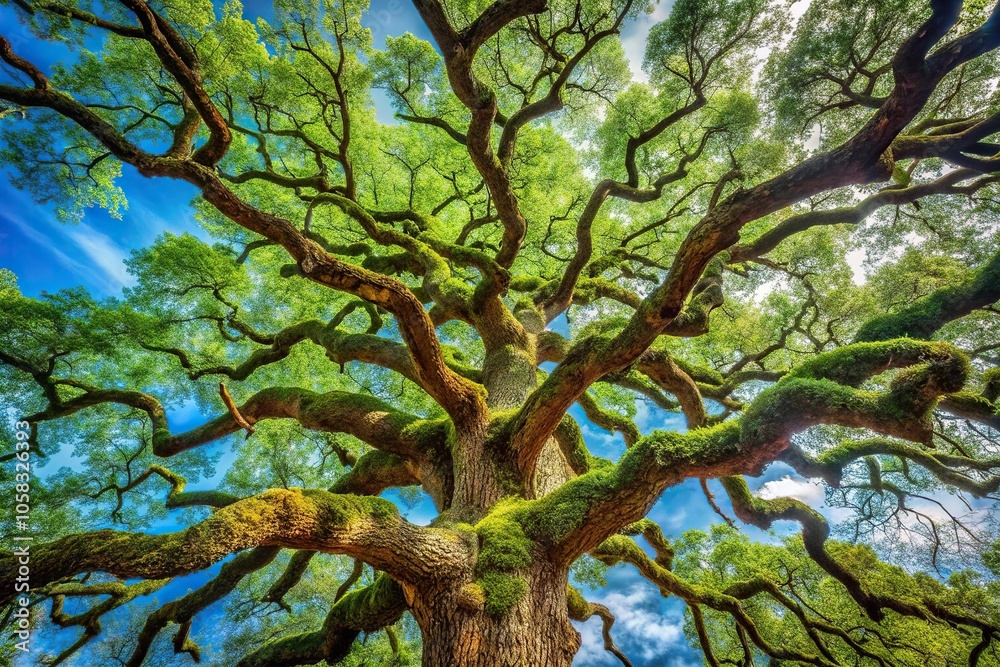 An oak tree's gnarled branches stretch towards the sky with vines and moss growing in the gaps, oak tree branches, woodland scene An oak tree's gnarled branches stretch towards the sky with vines and moss growing in the gaps, oak tree branches, woodland scene