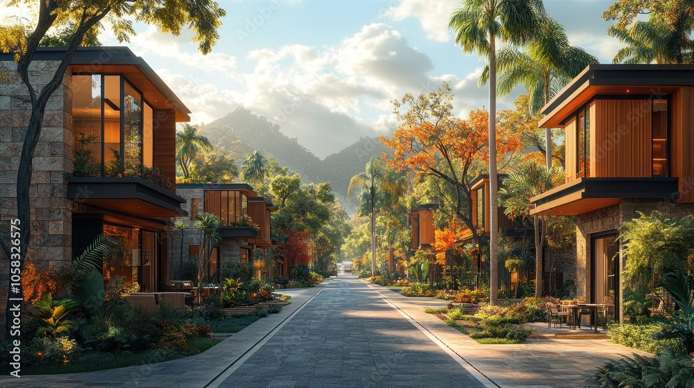 Serene neighborhood with modern homes amidst vibrant foliage. Serene neighborhood with modern homes amidst vibrant foliage.