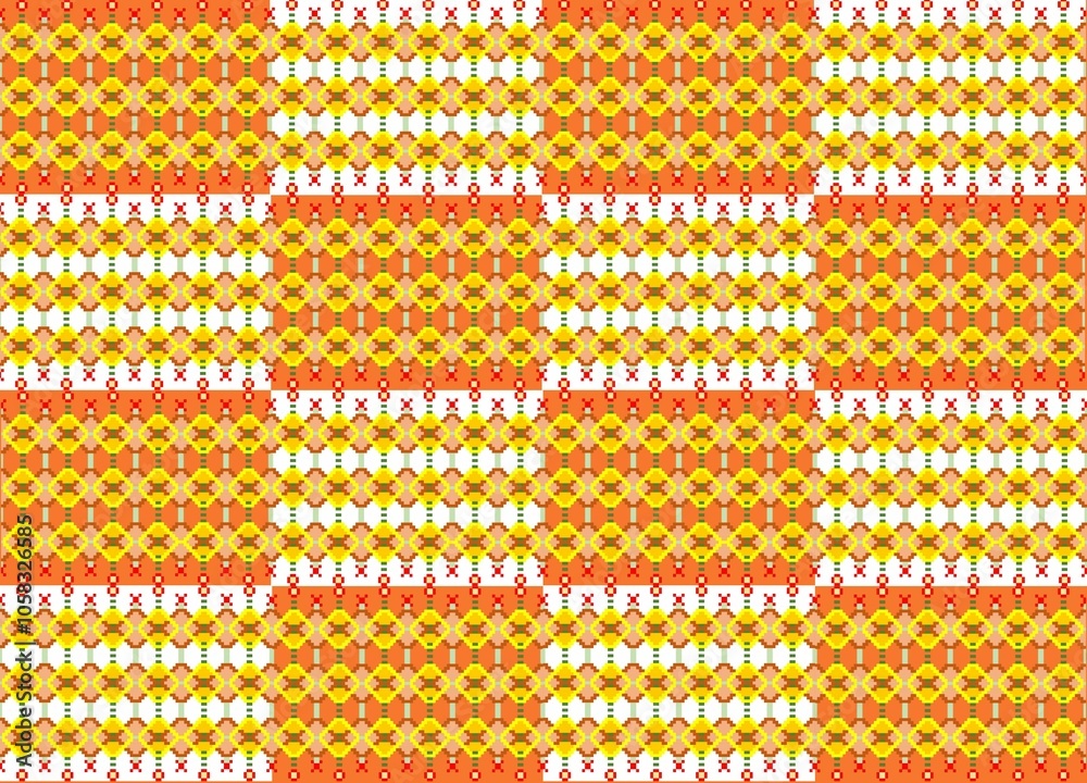 Fototapeta premium Pixelated Sunset Mosaic : Seamless pixel art pattern with interwoven geometric shapes. Design evokes a playful retro vibe, perfect for backgrounds, textiles, digital art, and wallpaper projects.