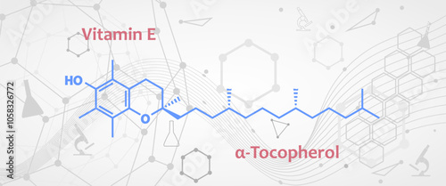 alpha-Tocopherol, Vitamin E chemical formula and skeletal structure. A type of vitamin E preferentially absorbed and accumulated in humans. Food additive E307, dietary supplement.
