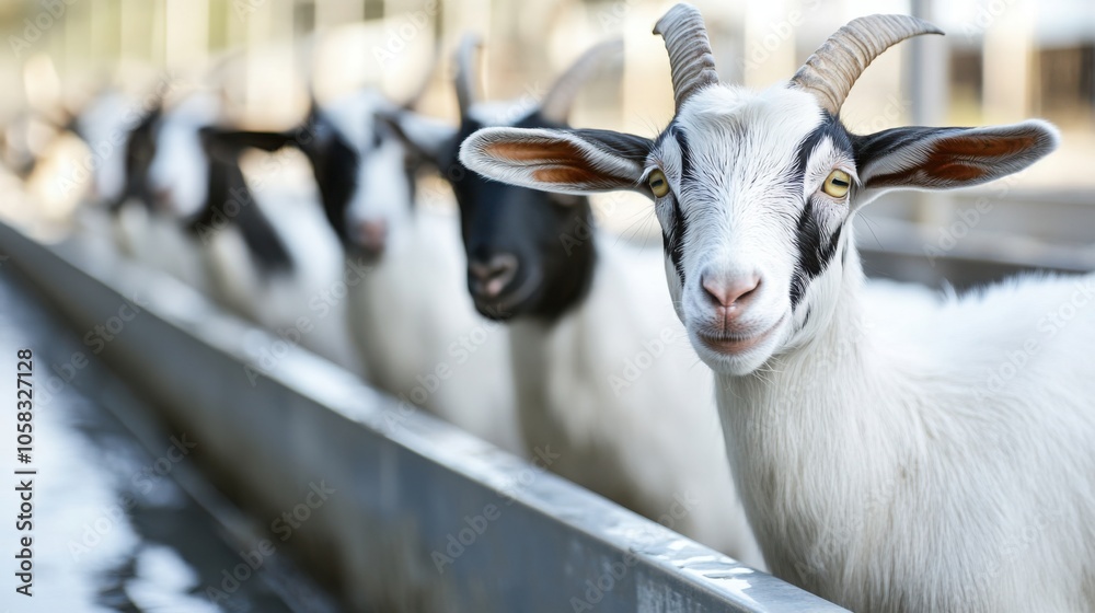 Obraz premium Goats lined up for milking in a modern, clean dairy facility