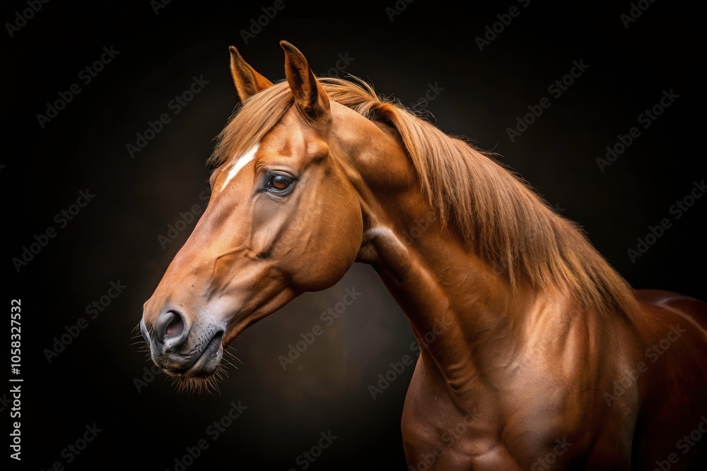 Obraz premium Stunning Brown Horse Head Portrait on Black Background, Majestic Equine Beauty, Animal Photography, Horse Lovers, Detailed Features, High Contrast, Elegant Design, Artistic Pet Photography